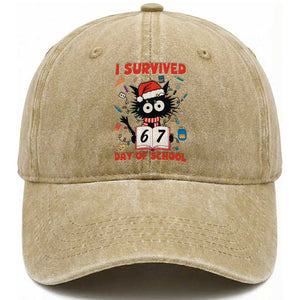 I Survived 67 Days Of School Cat Meme Washed Cotton Baseball Cap Funny Christmas Six Seven Meme TS14 Washed Cap Universal Fit Khaki Print Your Wear