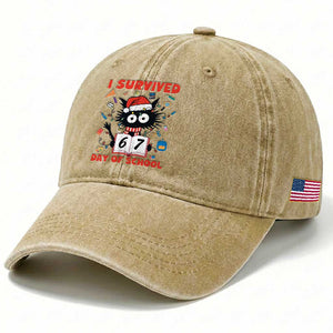I Survived 67 Days Of School Cat Meme Washed Cotton Baseball Cap Funny Christmas Six Seven Meme TS14 Print Your Wear