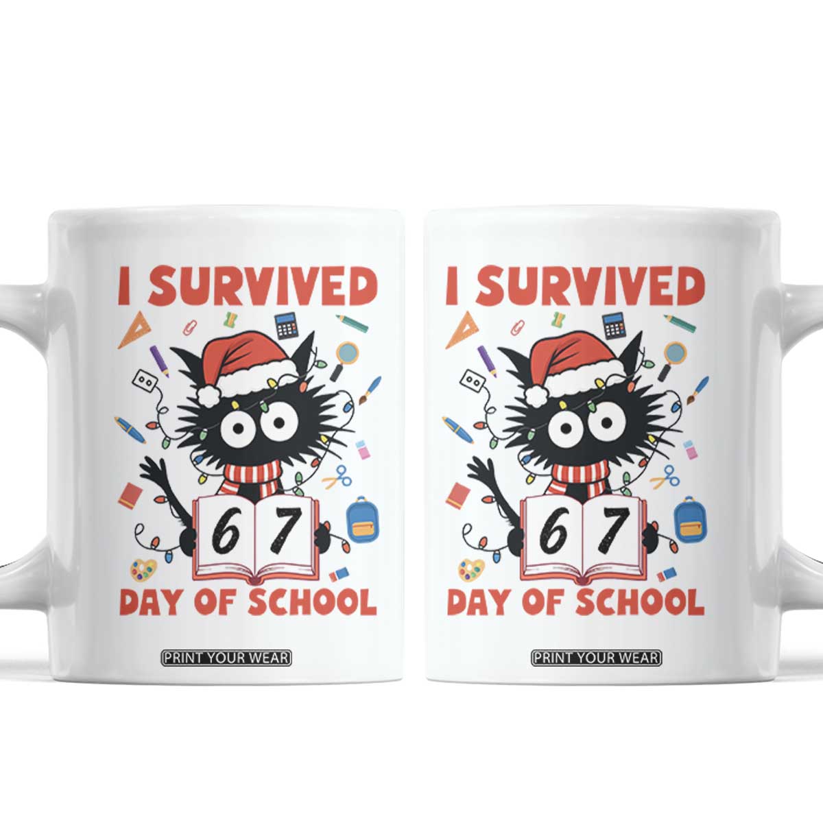 I Survived 67 Days Of School Cat Meme Coffee Mug Funny Christmas Six Seven Meme TS14 White Print Your Wear