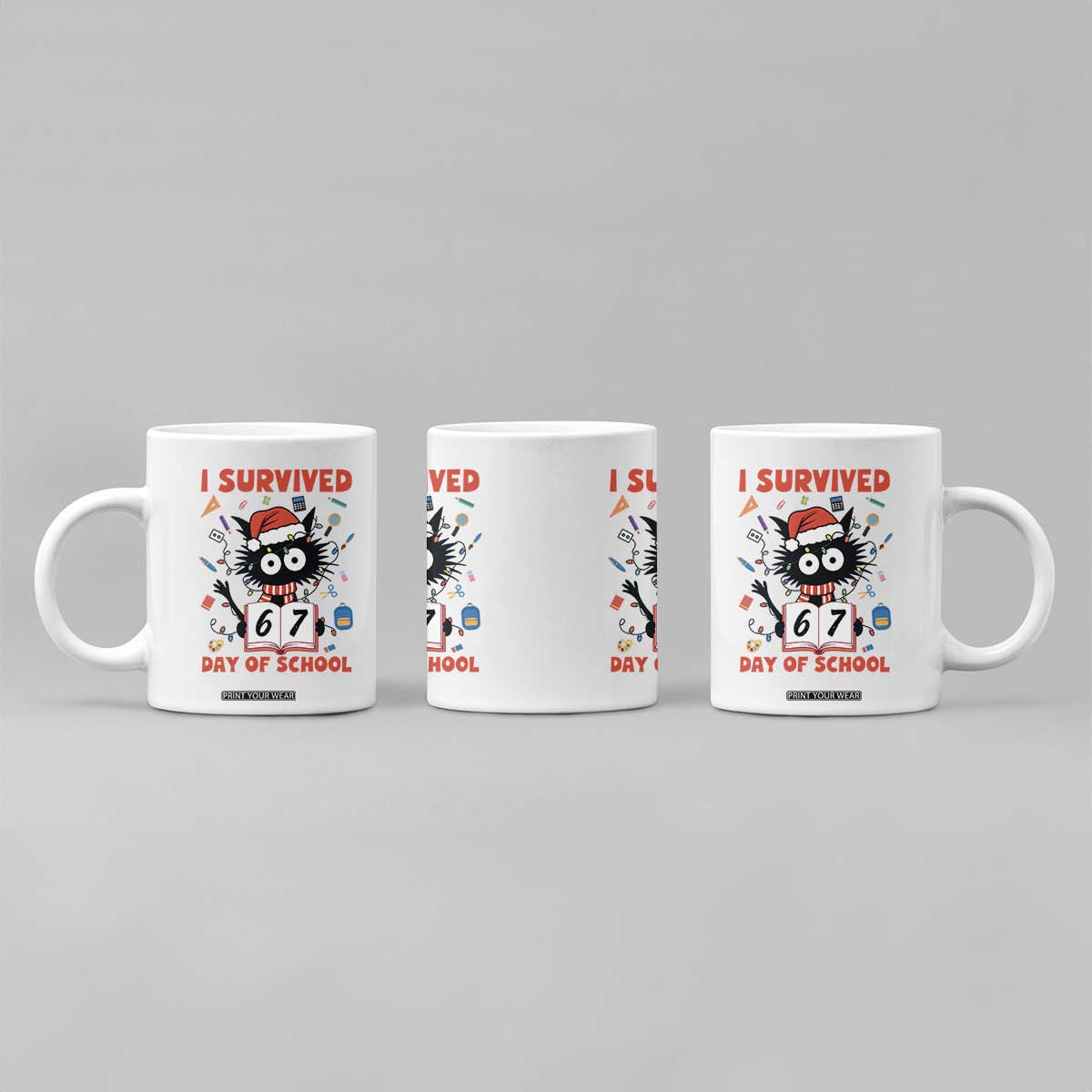 I Survived 67 Days Of School Cat Meme Coffee Mug Funny Christmas Six Seven Meme TS14 Print Your Wear