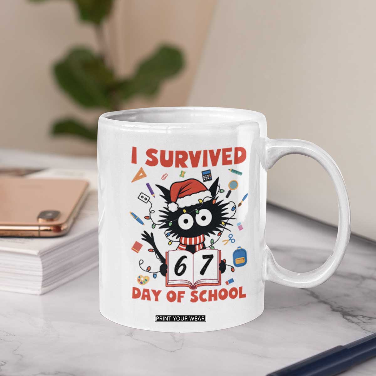 I Survived 67 Days Of School Cat Meme Coffee Mug Funny Christmas Six Seven Meme TS14 Print Your Wear