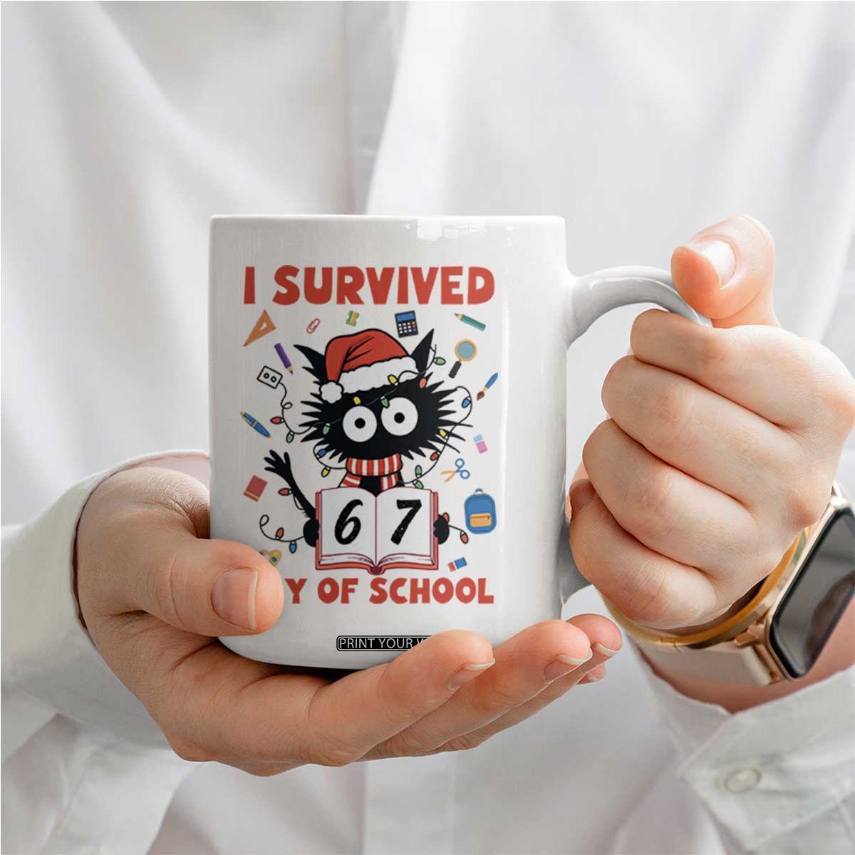 I Survived 67 Days Of School Cat Meme Coffee Mug Funny Christmas Six Seven Meme TS14 Print Your Wear