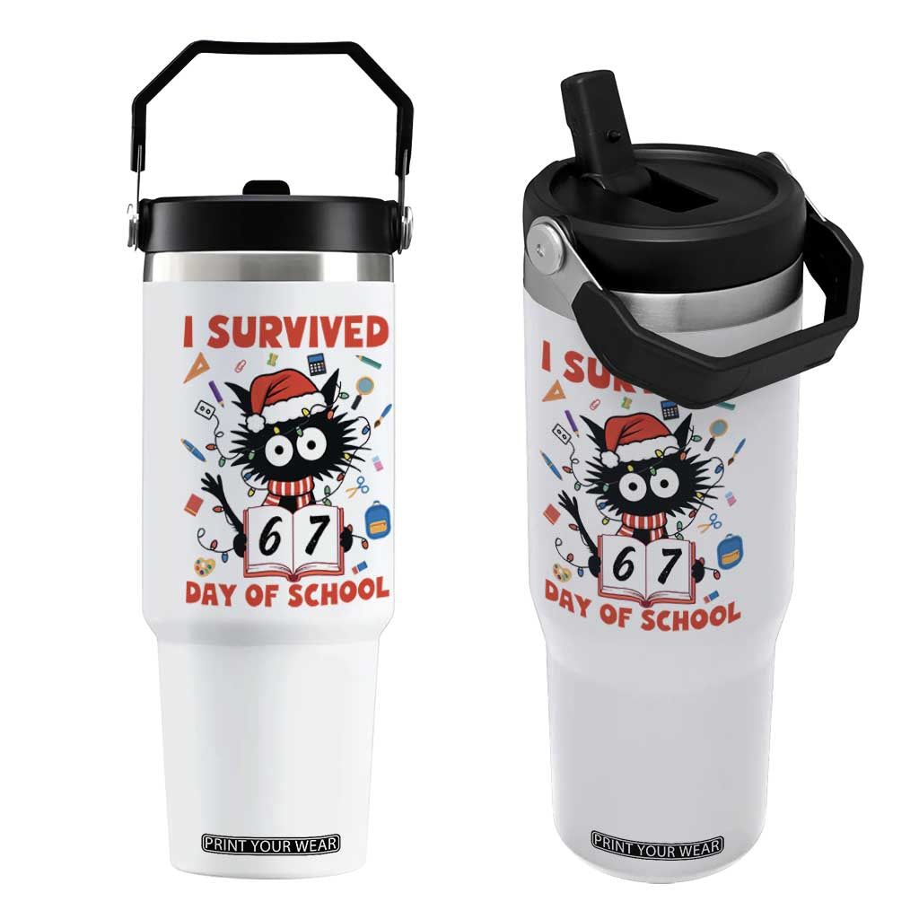 I Survived 67 Days Of School Cat Meme Flip Straw Tumbler Funny Christmas Six Seven Meme TS14 One Size: 30 oz White Print Your Wear