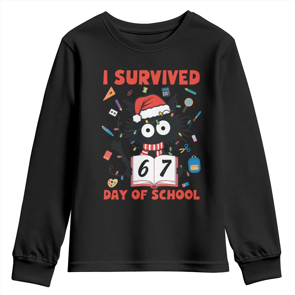 I Survived 67 Days Of School Cat Meme Youth Sweatshirt Funny Christmas Six Seven Meme TS14 Black Print Your Wear