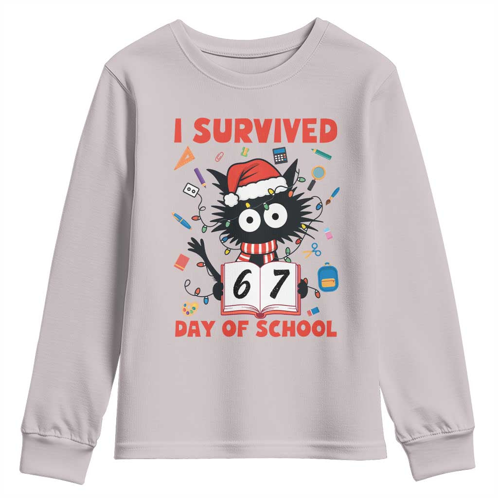 I Survived 67 Days Of School Cat Meme Youth Sweatshirt Funny Christmas Six Seven Meme TS14 Ice Gray Print Your Wear