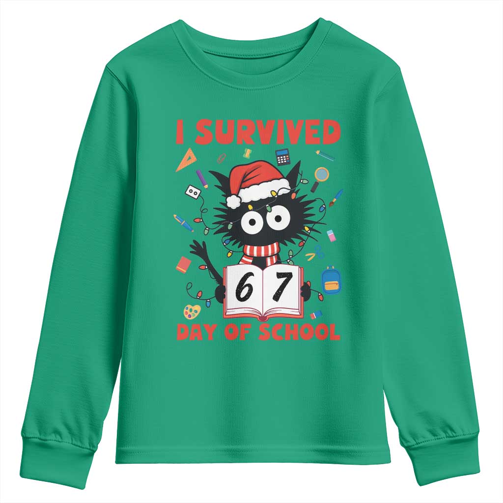 I Survived 67 Days Of School Cat Meme Youth Sweatshirt Funny Christmas Six Seven Meme TS14 Irish Green Print Your Wear