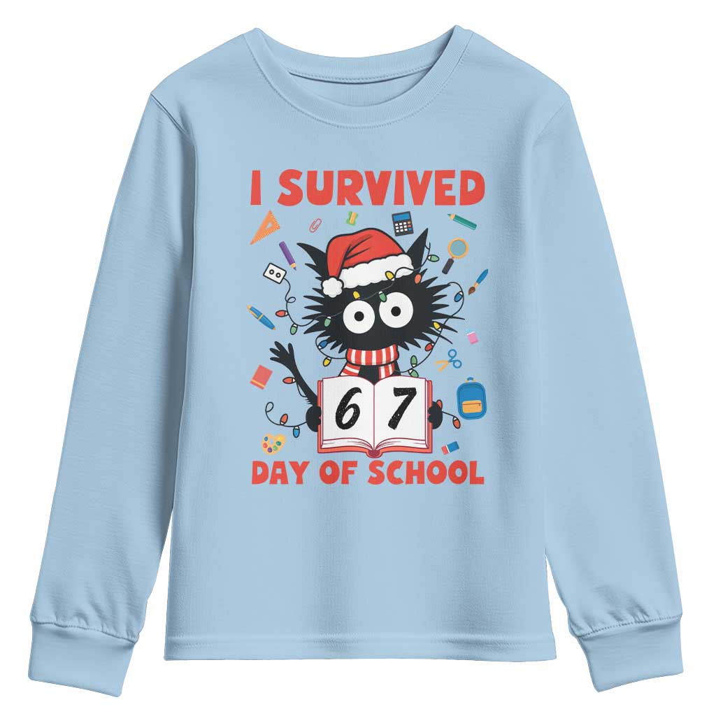 I Survived 67 Days Of School Cat Meme Youth Sweatshirt Funny Christmas Six Seven Meme TS14 Light Blue Print Your Wear