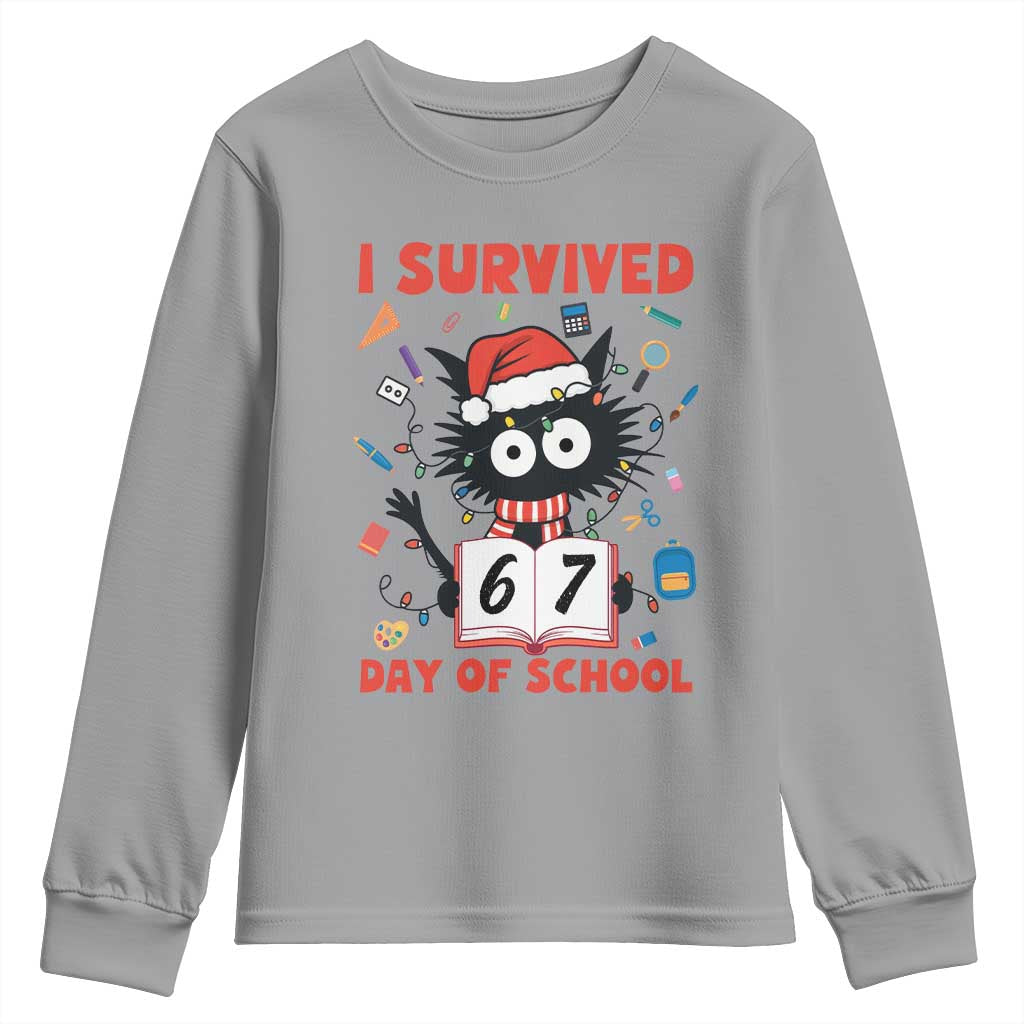 I Survived 67 Days Of School Cat Meme Youth Sweatshirt Funny Christmas Six Seven Meme TS14 Sport Gray Print Your Wear