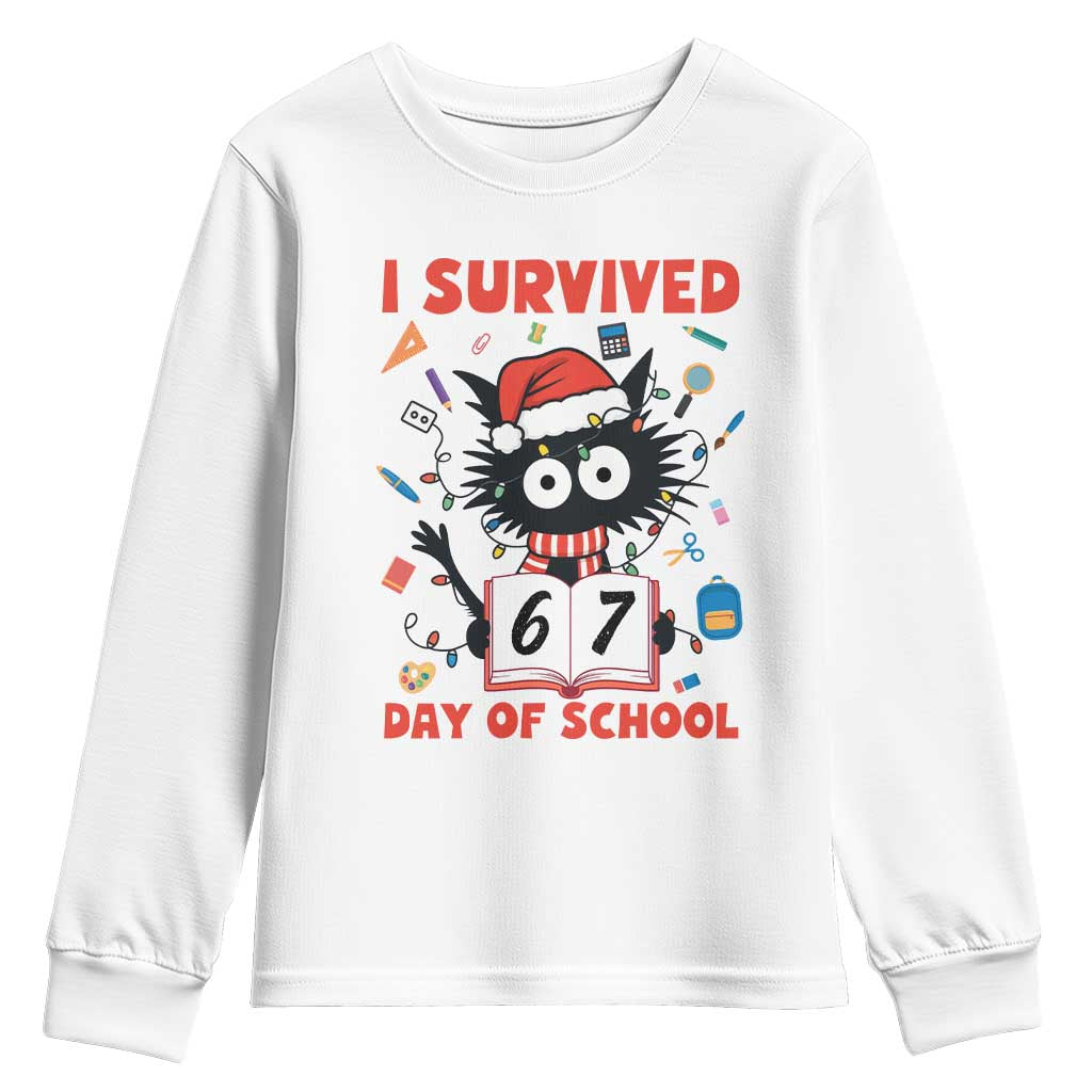 I Survived 67 Days Of School Cat Meme Youth Sweatshirt Funny Christmas Six Seven Meme TS14 White Print Your Wear