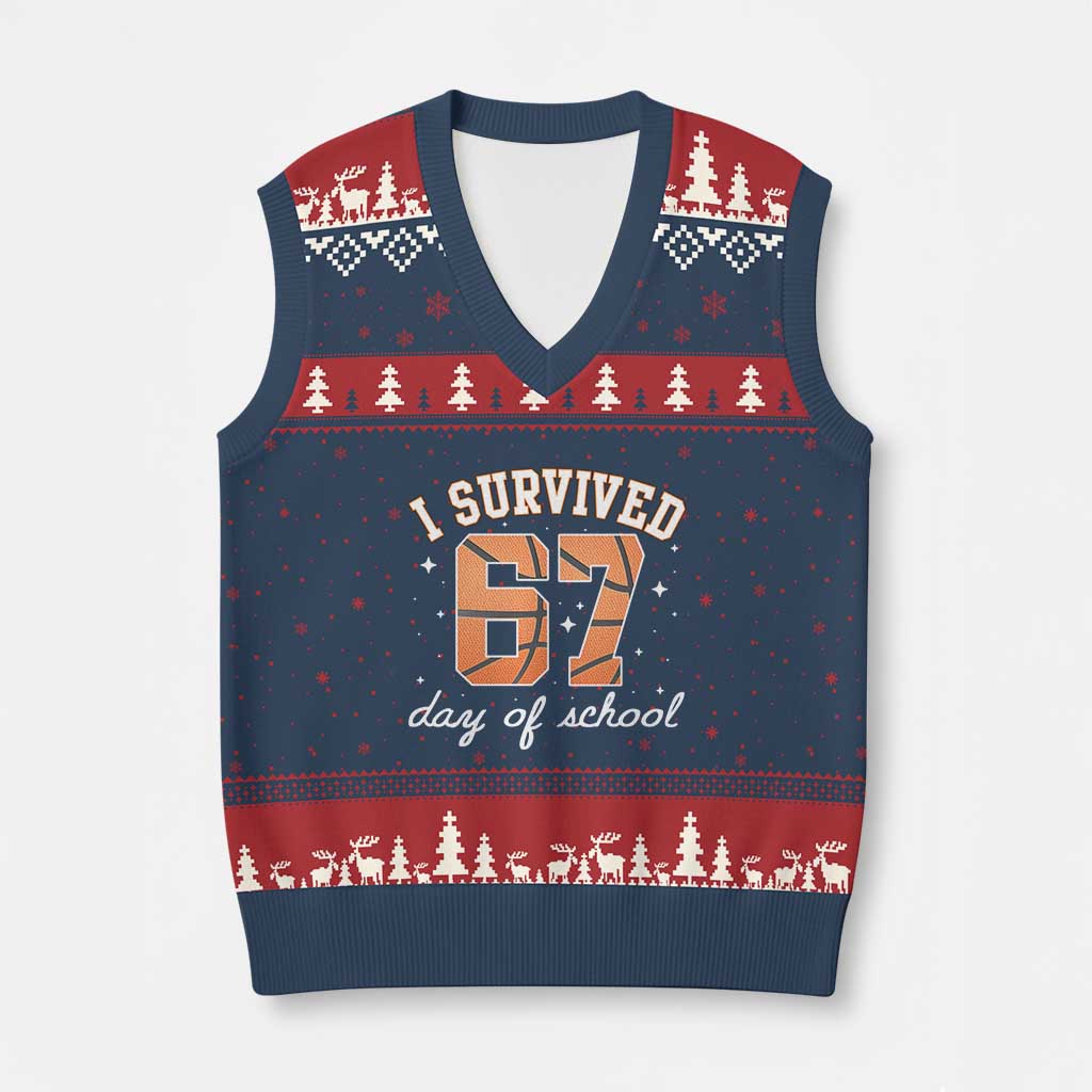 67 Six Seven Meme V-Neck Knit Sweater Vest I Survived Days Of School TS14 Navy Red Print Your Wear