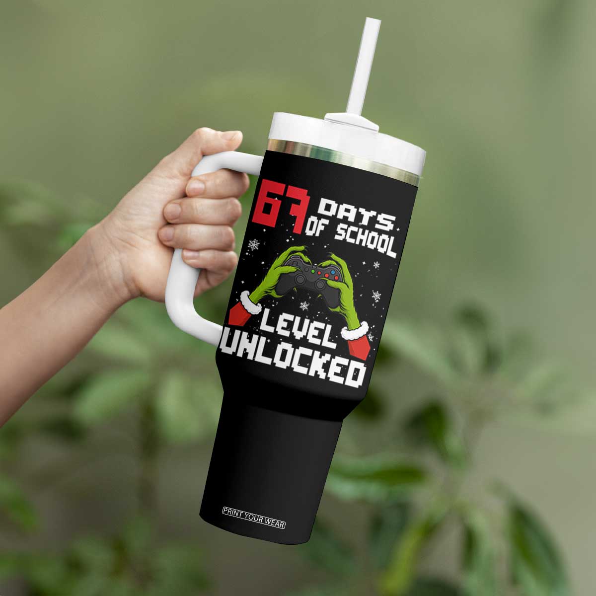 67 Six Seven Christmas Meme Tumbler With Handle Funny Elf Hand Video Game Xmas TS14 Print Your Wear