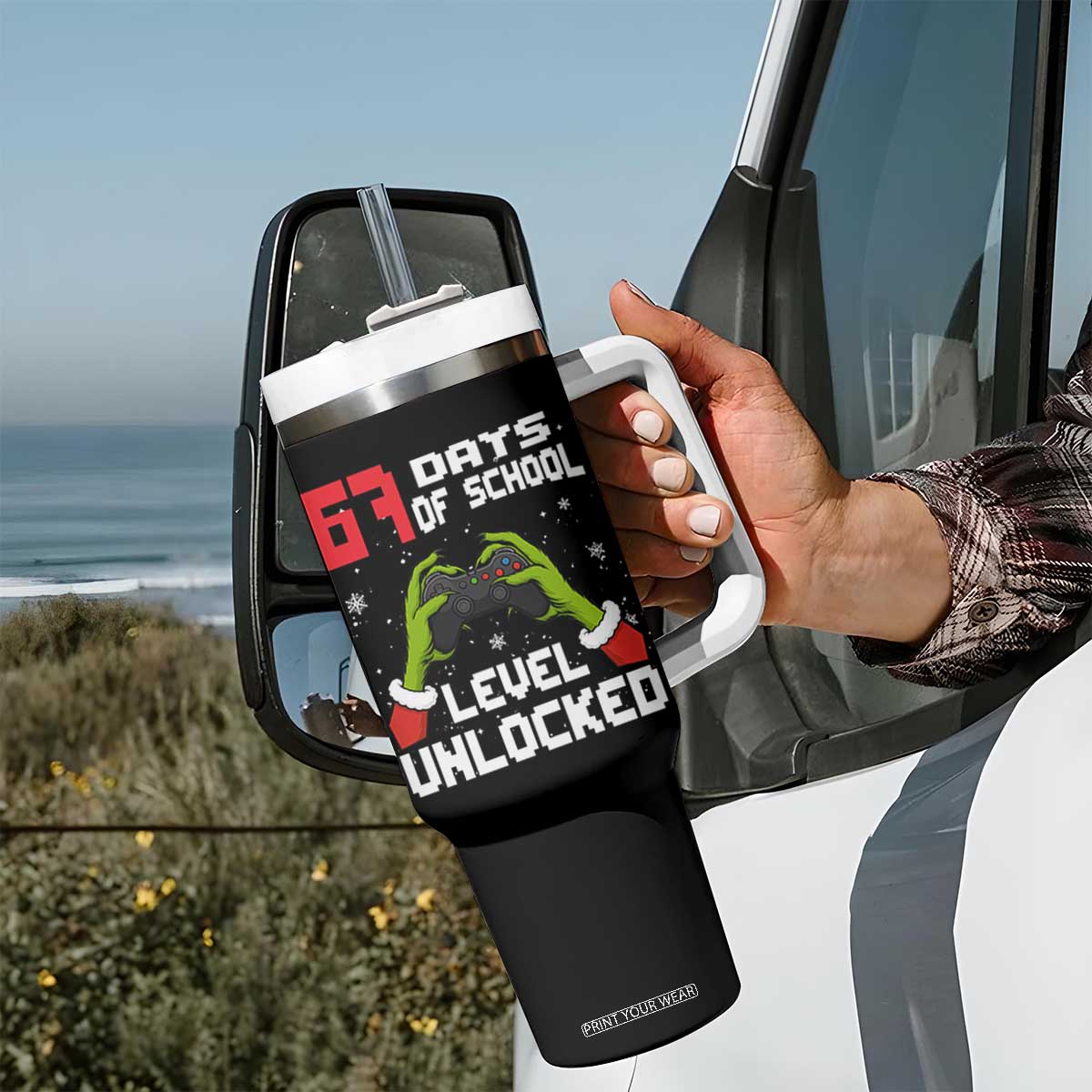 67 Six Seven Christmas Meme Tumbler With Handle Funny Elf Hand Video Game Xmas TS14 Print Your Wear