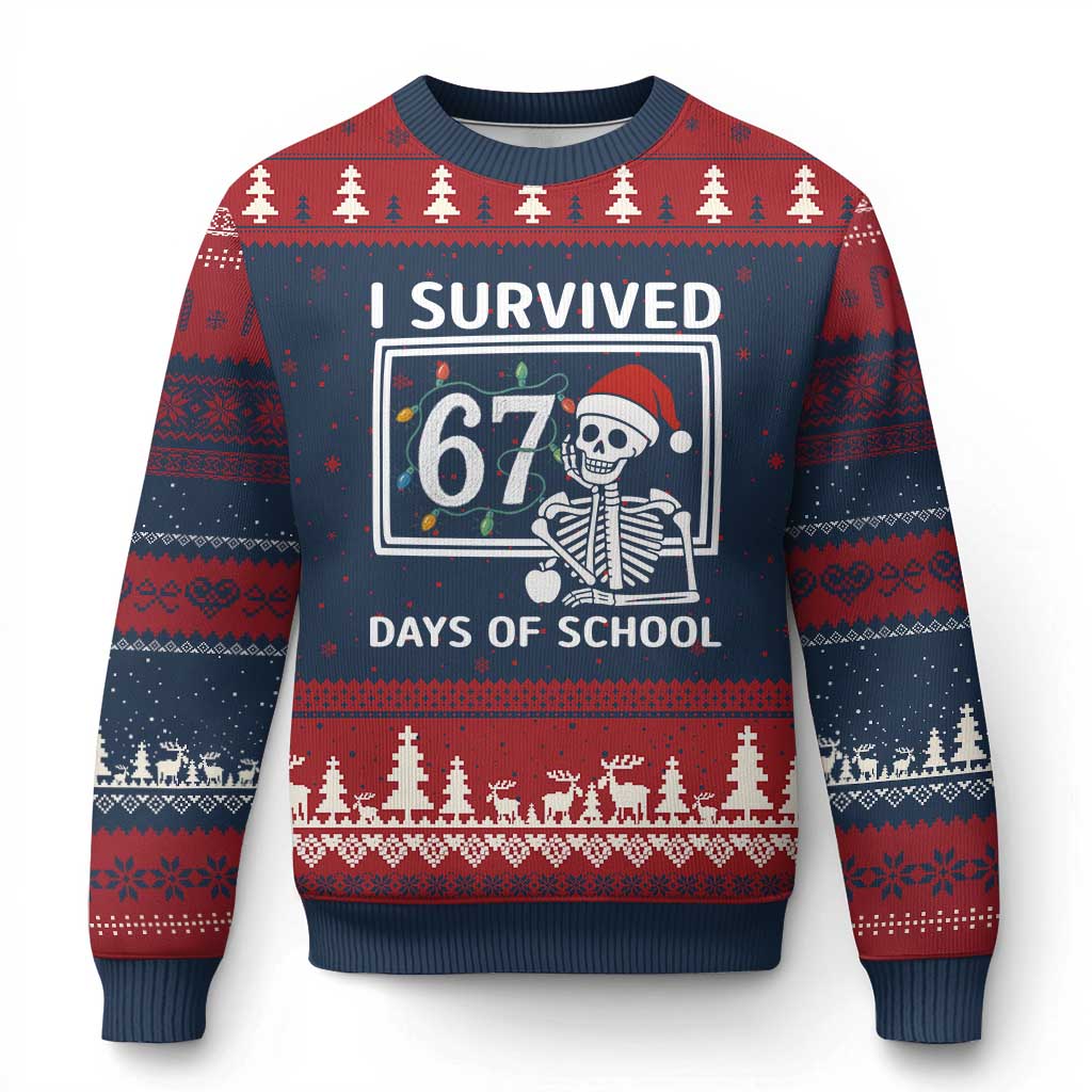 I Survived 67 Days Of School Skeleton Ugly Christmas Sweater Funny Xmas Six Seven Meme TS14 Navy Red Print Your Wear