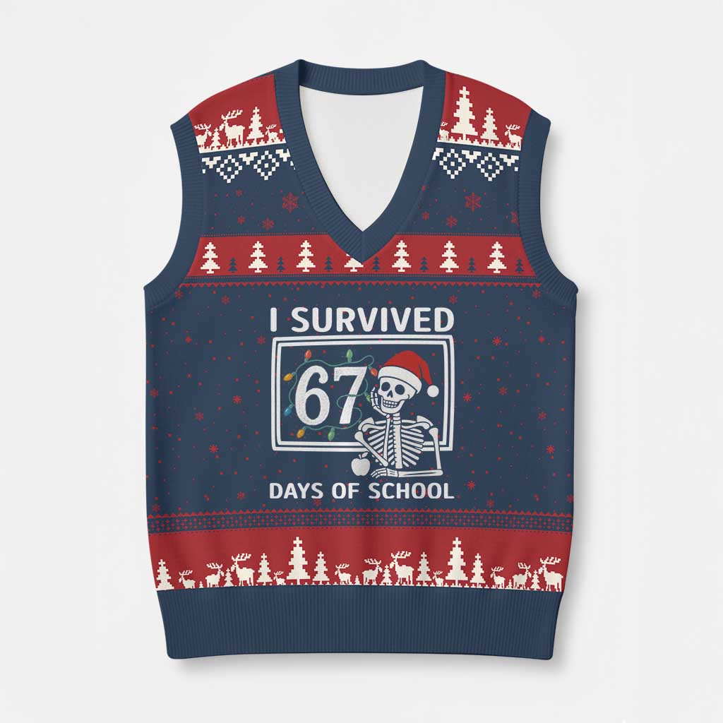 I Survived 67 Days Of School Skeleton V-Neck Knit Sweater Vest Funny Xmas Six Seven Meme TS14 Navy Red Print Your Wear