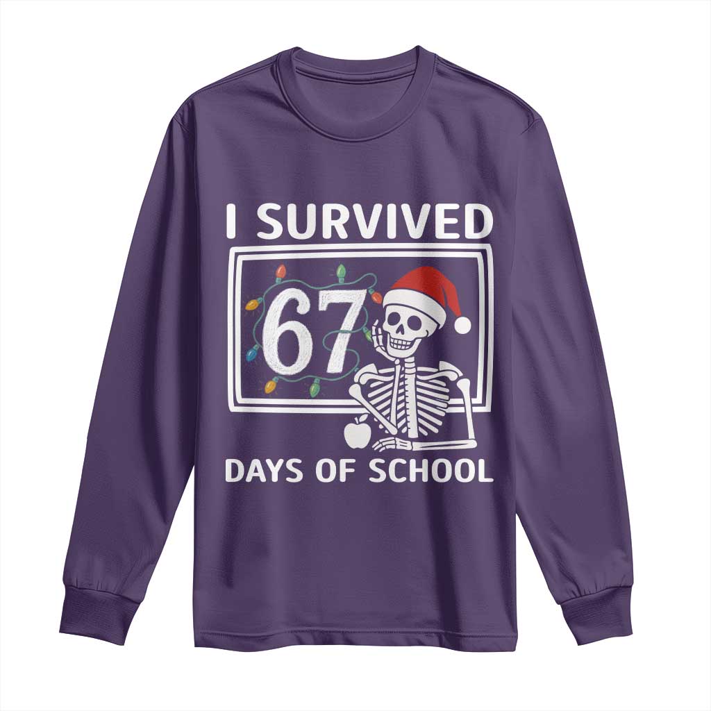 I Survived 67 Days Of School Skeleton Long Sleeve Shirt Funny Christmas Six Seven Meme TS14 Purple Print Your Wear