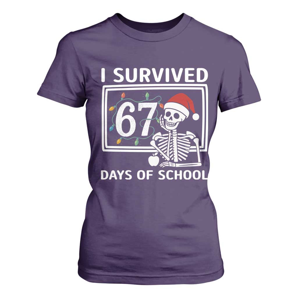 I Survived 67 Days Of School Skeleton T Shirt For Women Funny Christmas Six Seven Meme TS14 Purple Print Your Wear