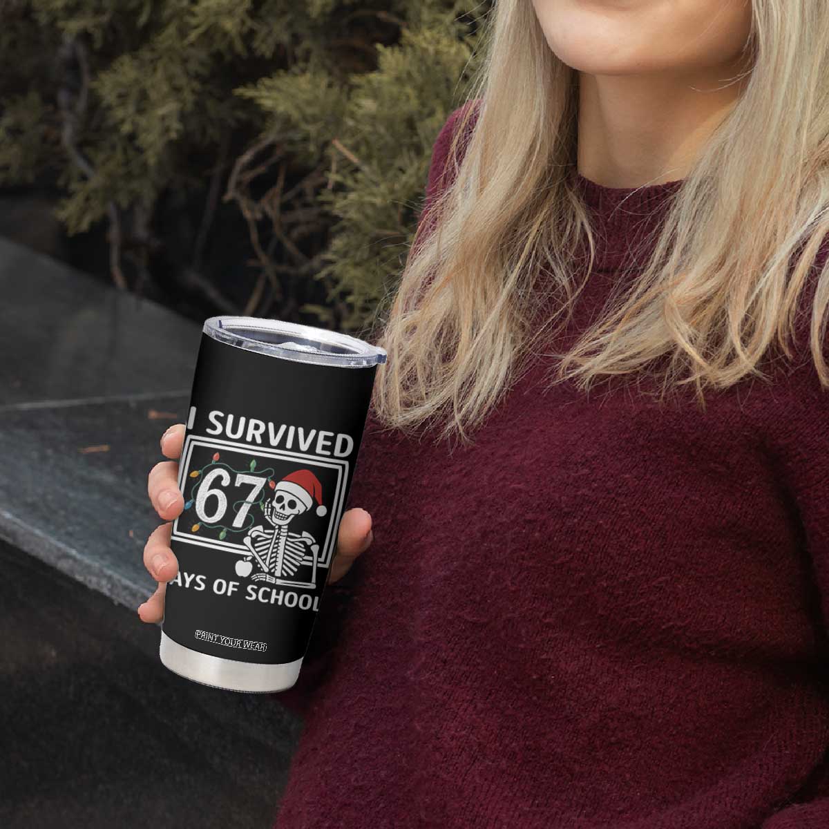 I Survived 67 Days Of School Skeleton Tumbler Cup Funny Christmas Six Seven Meme - Print Your Wear