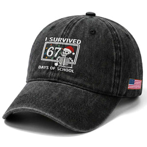 I Survived 67 Days Of School Skeleton Washed Cotton Baseball Cap Funny Christmas Six Seven Meme TS14 Print Your Wear