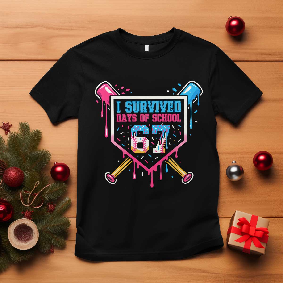 I Survived 67 Days Of School Baseball Ice Cream T Shirt Funny Christmas Six Seven Meme TS14 Black Print Your Wear