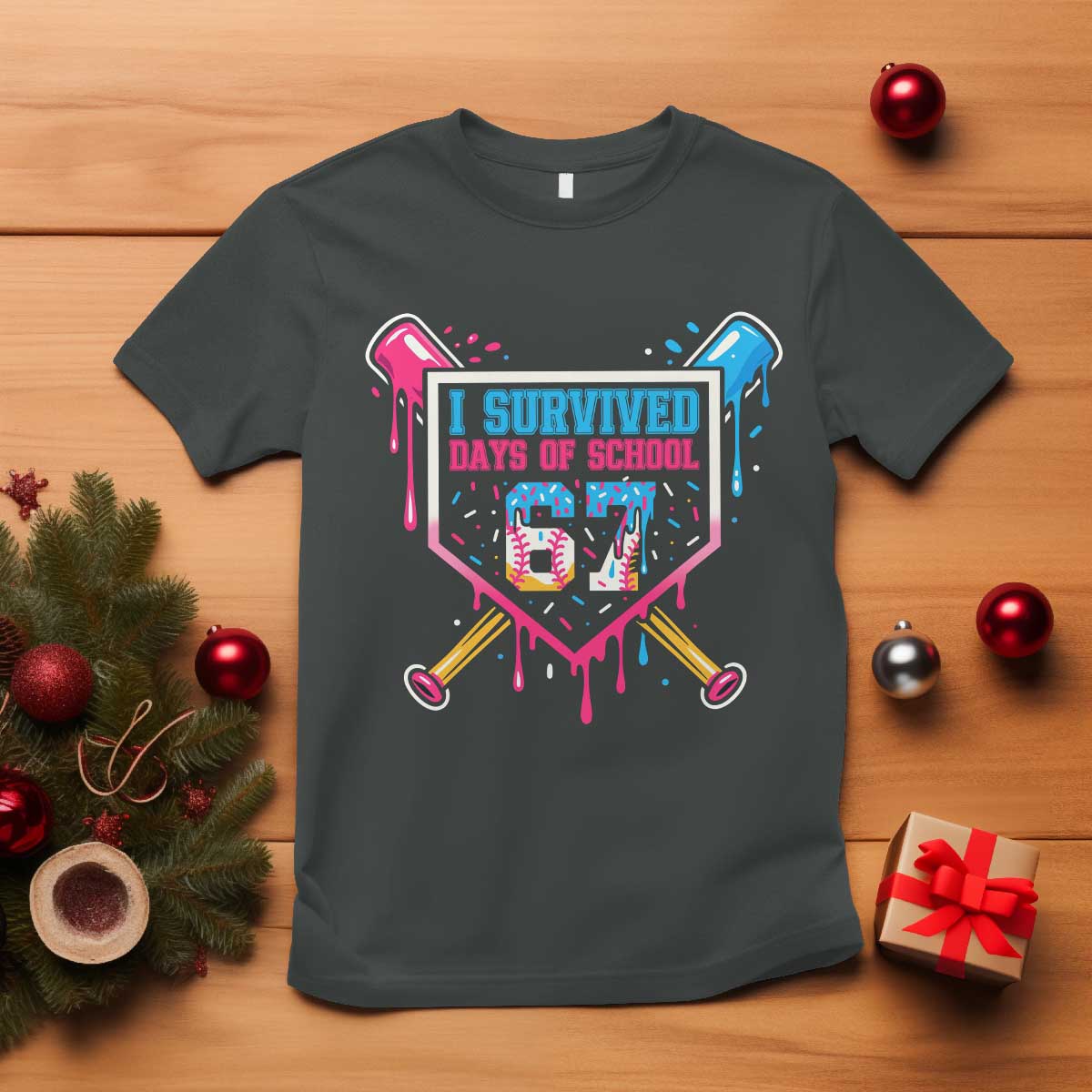 I Survived 67 Days Of School Baseball Ice Cream T Shirt Funny Christmas Six Seven Meme TS14 Dark Heather Print Your Wear