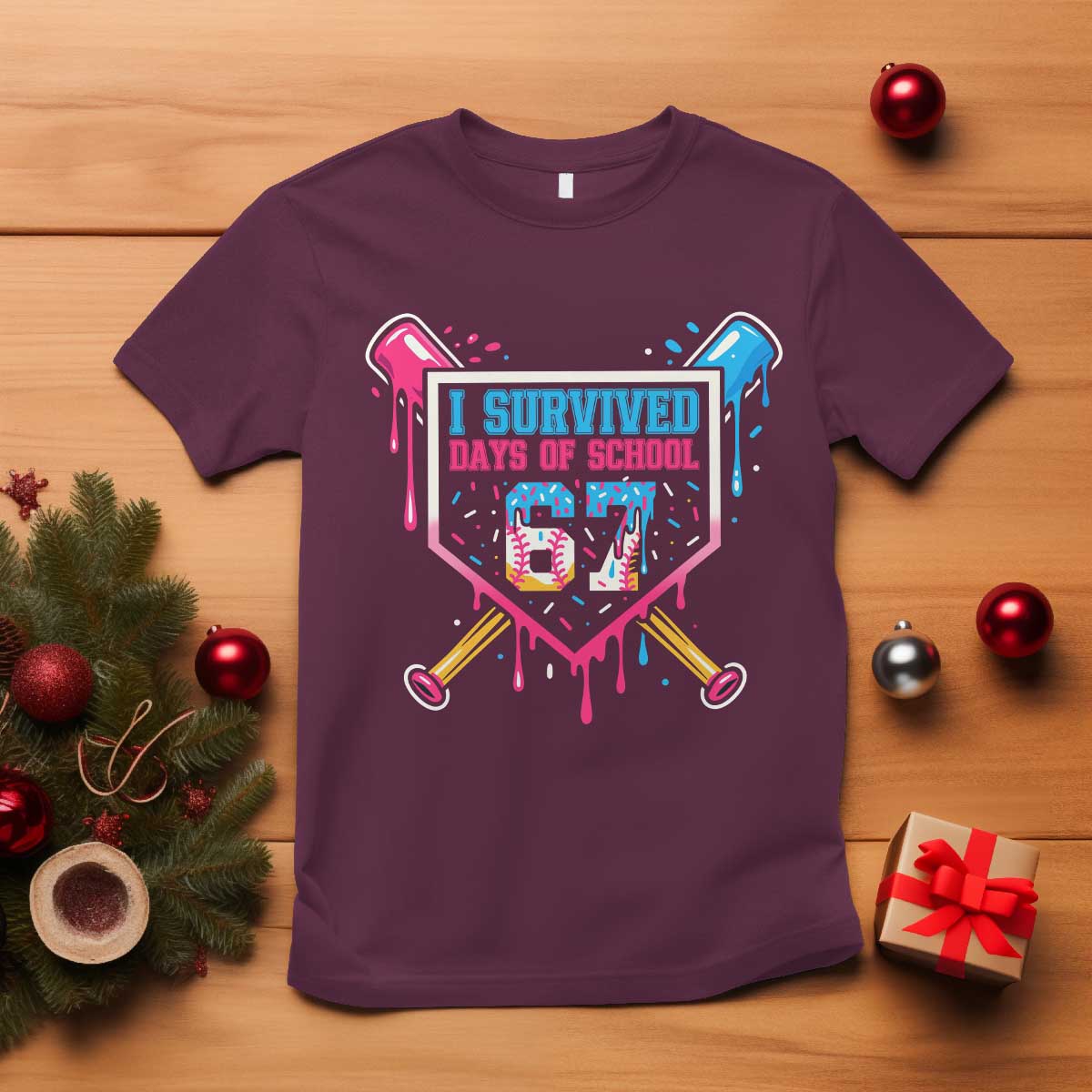 I Survived 67 Days Of School Baseball Ice Cream T Shirt Funny Christmas Six Seven Meme TS14 Maroon Print Your Wear