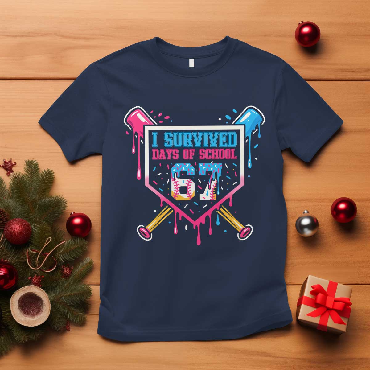 I Survived 67 Days Of School Baseball Ice Cream T Shirt Funny Christmas Six Seven Meme TS14 Navy Print Your Wear