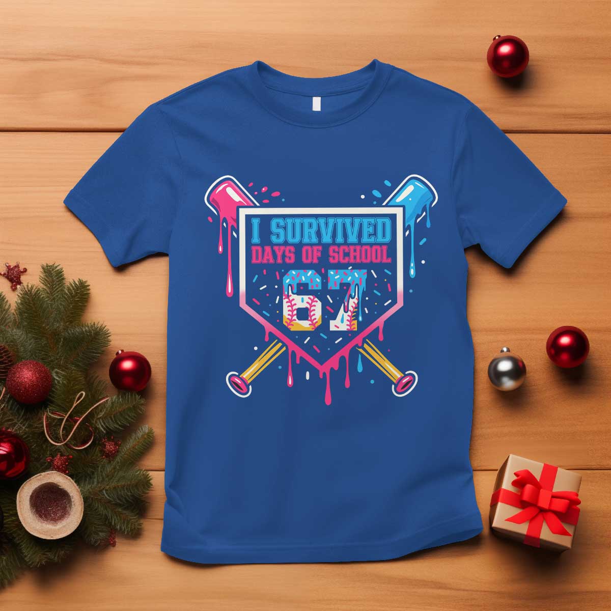 I Survived 67 Days Of School Baseball Ice Cream T Shirt Funny Christmas Six Seven Meme TS14 Royal Blue Print Your Wear