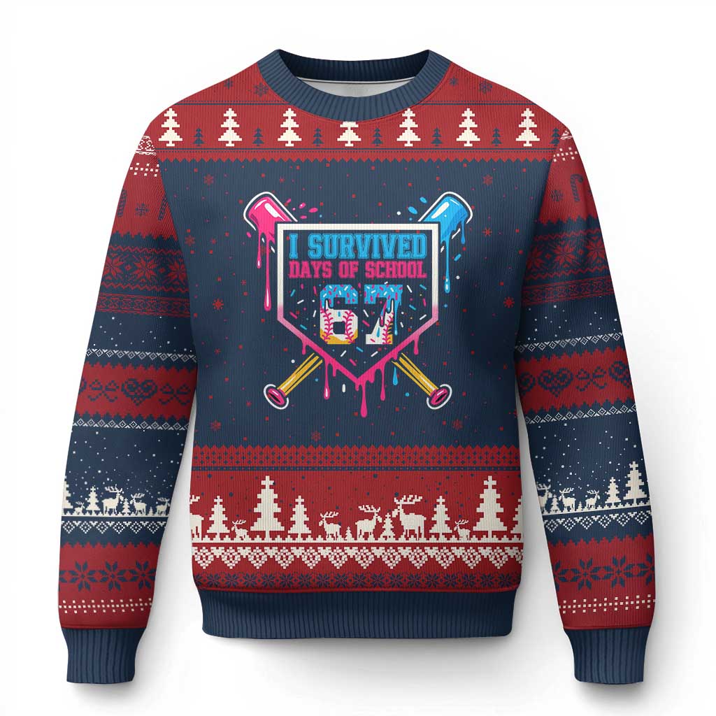 I Survived 67 Days Of School Baseball Ice Cream Ugly Christmas Sweater Funny Xmas Six Seven Meme TS14 Navy Red Print Your Wear