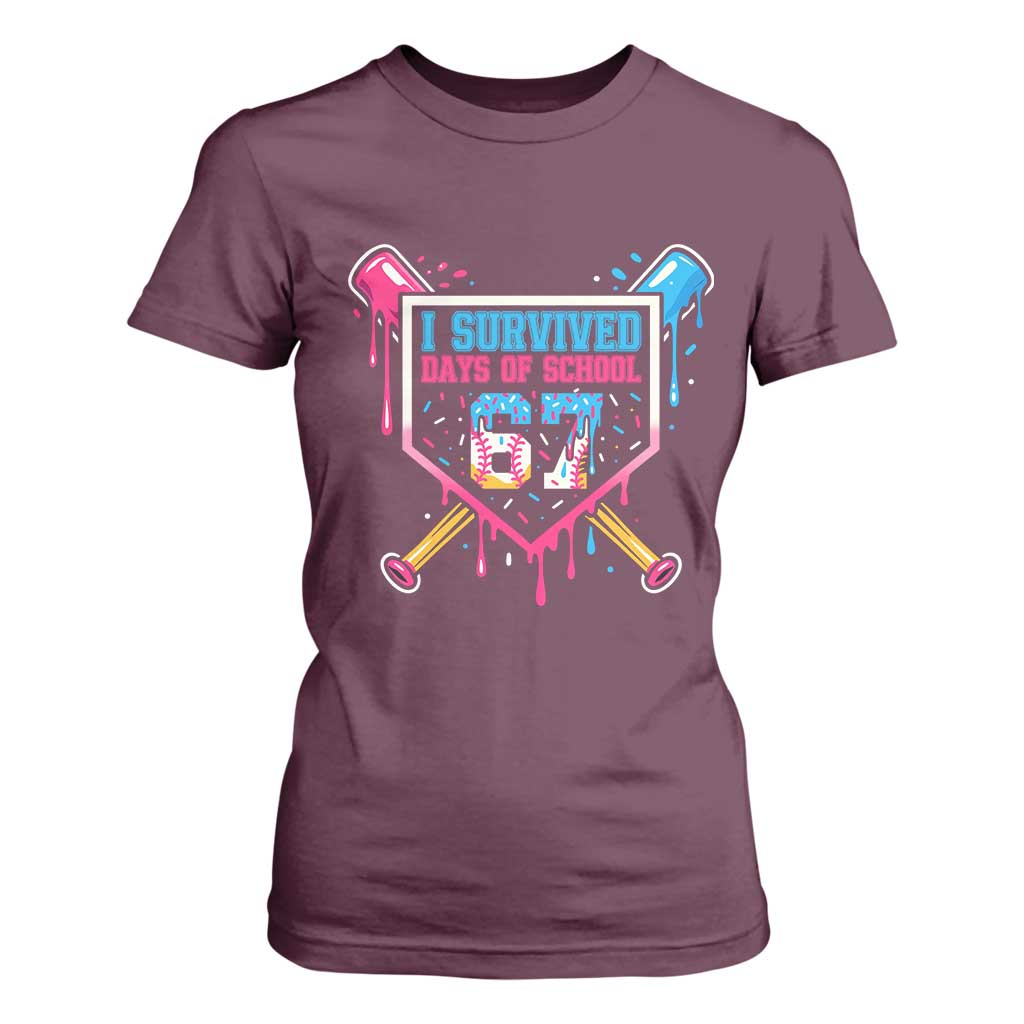 I Survived 67 Days Of School Baseball Ice Cream T Shirt For Women Funny Christmas Six Seven Meme TS14 Maroon Print Your Wear