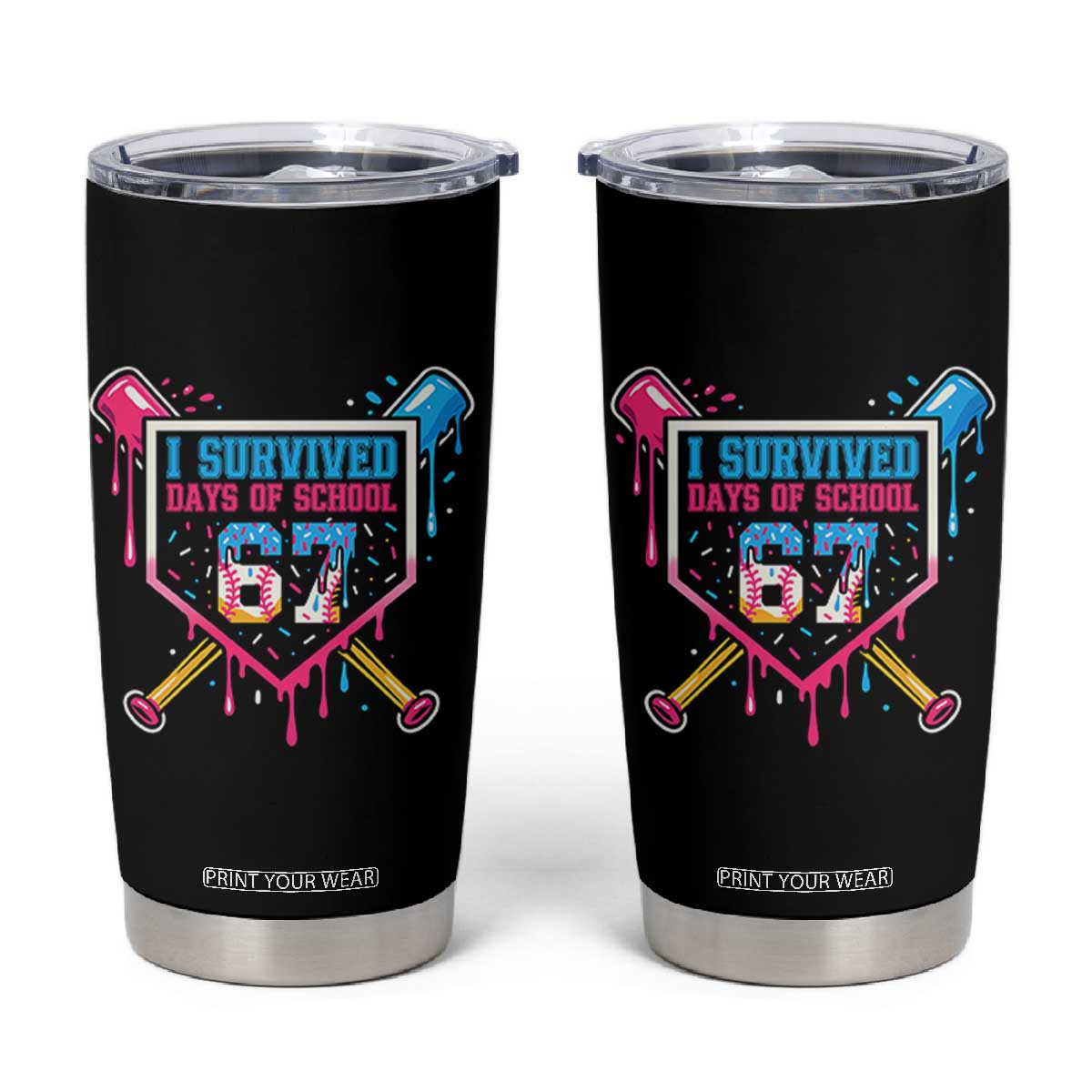 I Survived 67 Days Of School Baseball Ice Cream Tumbler Cup Funny Christmas Six Seven Meme - Print Your Wear