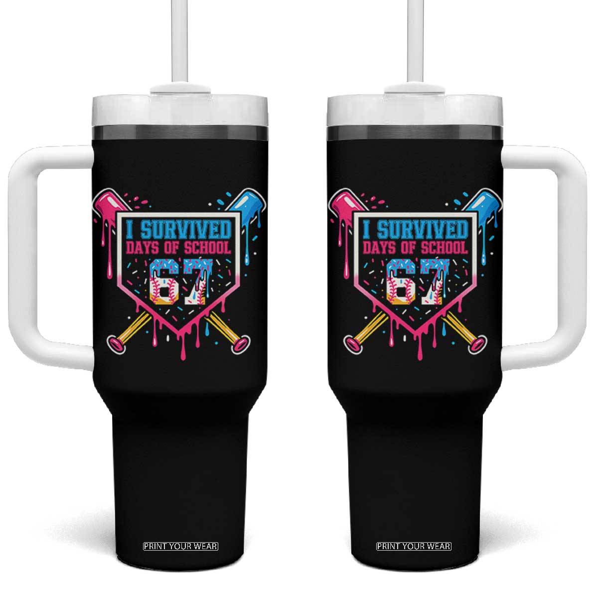 I Survived 67 Days Of School Baseball Ice Cream Tumbler With Handle Funny Christmas Six Seven Meme - Print Your Wear