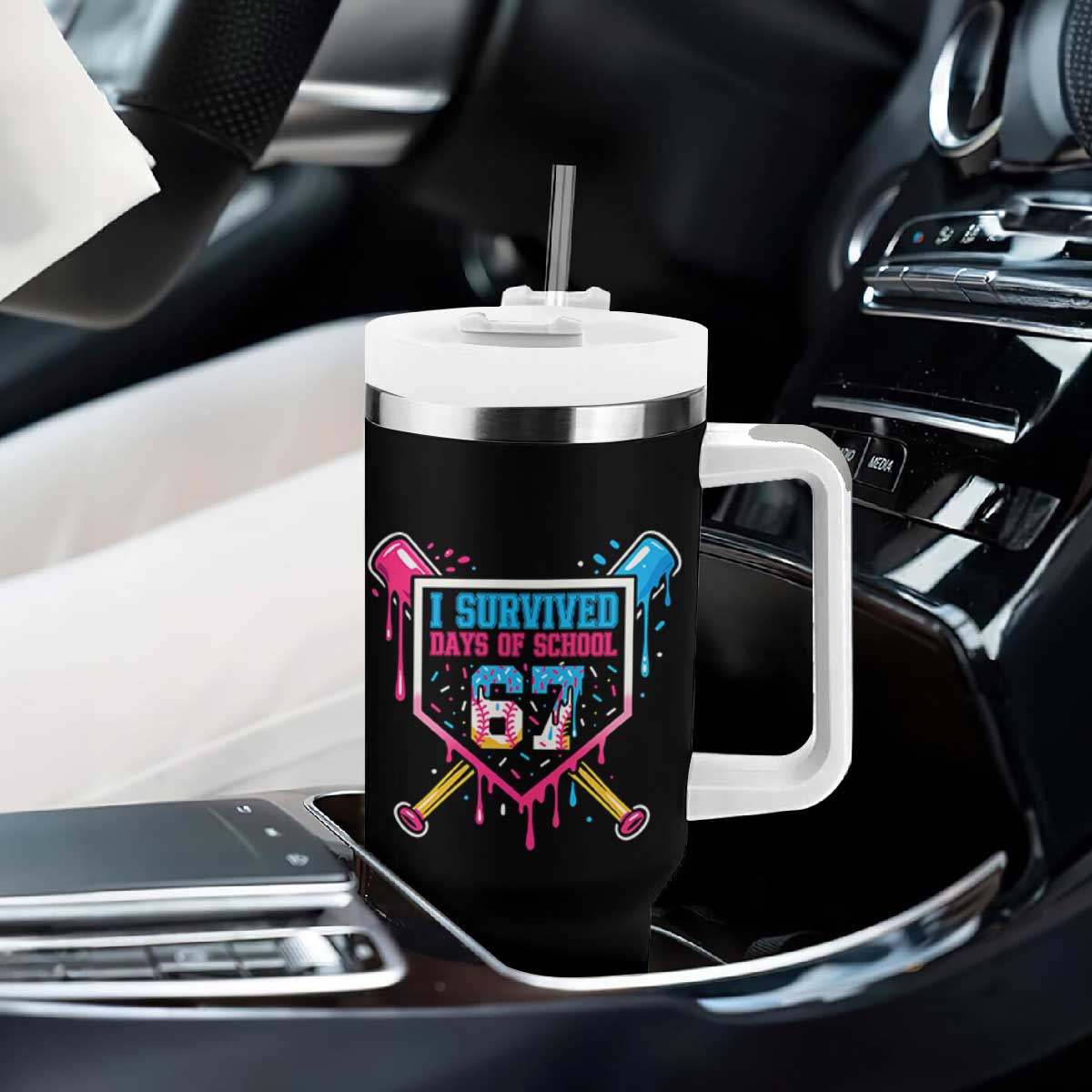 I Survived 67 Days Of School Baseball Ice Cream Tumbler With Handle Funny Christmas Six Seven Meme - Print Your Wear