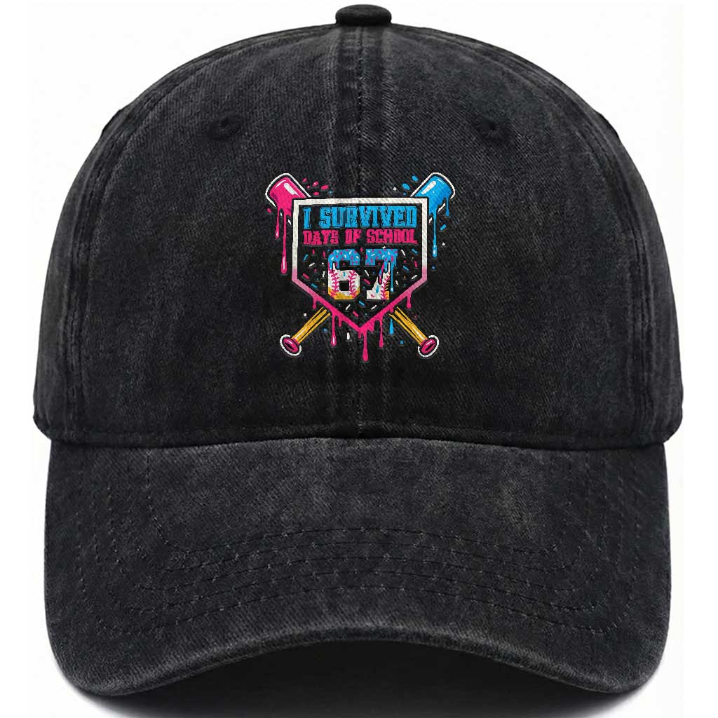 I Survived 67 Days Of School Baseball Ice Cream Washed Cotton Baseball Cap Funny Christmas Six Seven Meme TS14 Washed Cap Universal Fit Black Print Your Wear