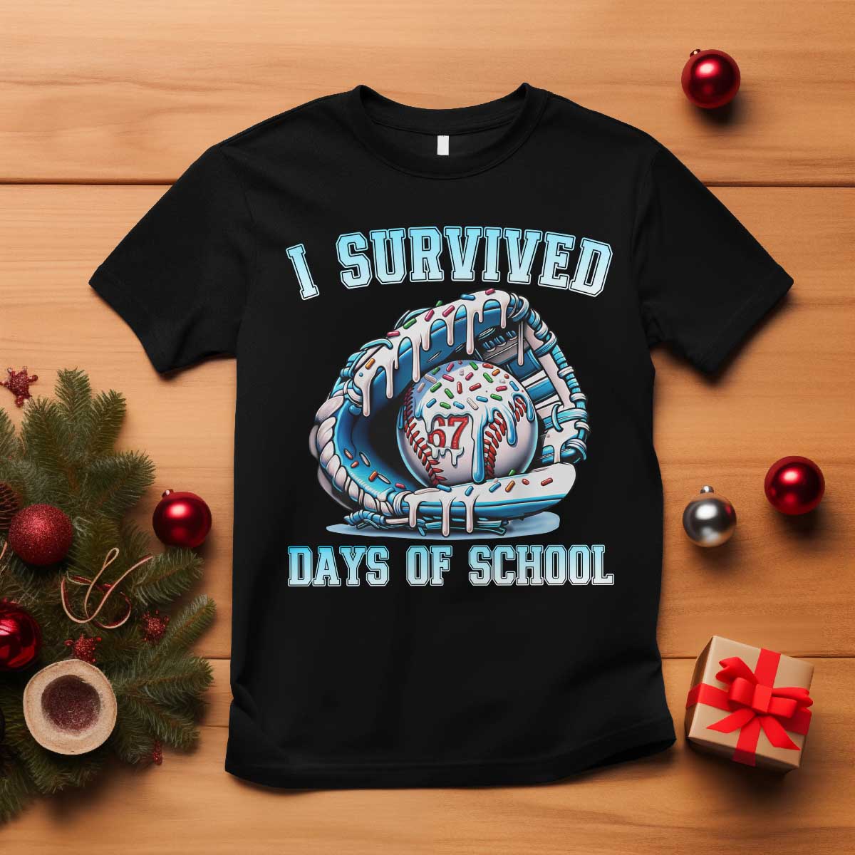 I Survived 67 Days Of School Baseball Glove Ice Cream T Shirt Funny Christmas Six Seven Meme TS14 Black Print Your Wear
