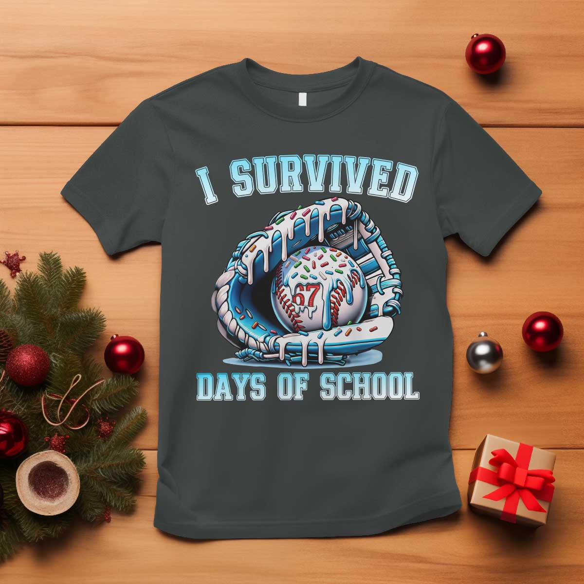 I Survived 67 Days Of School Baseball Glove Ice Cream T Shirt Funny Christmas Six Seven Meme TS14 Dark Heather Print Your Wear