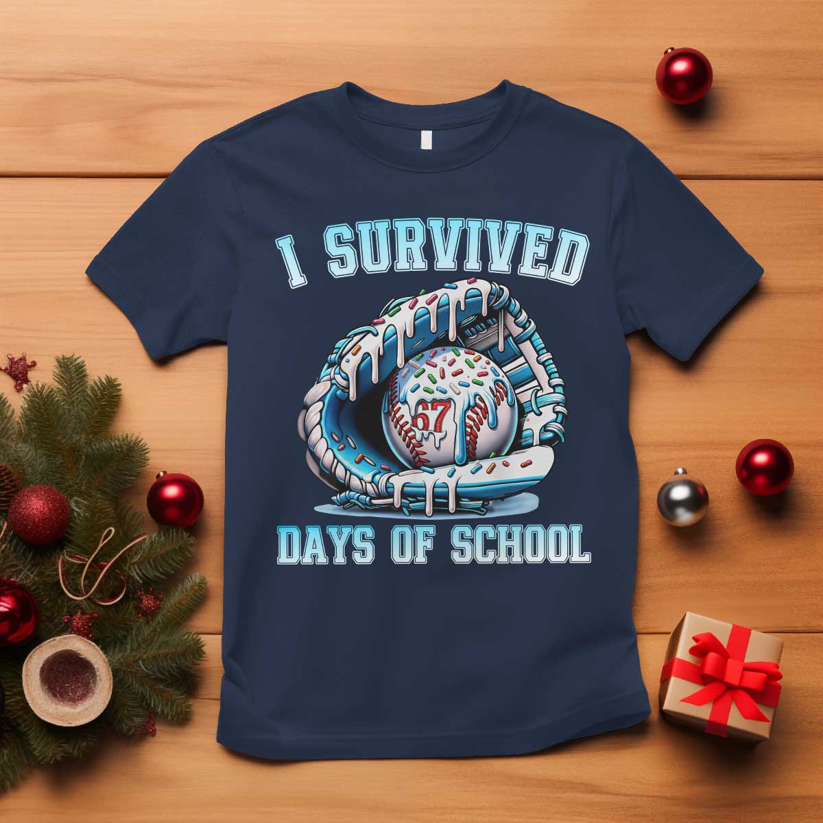I Survived 67 Days Of School Baseball Glove Ice Cream T Shirt Funny Christmas Six Seven Meme TS14 Navy Print Your Wear