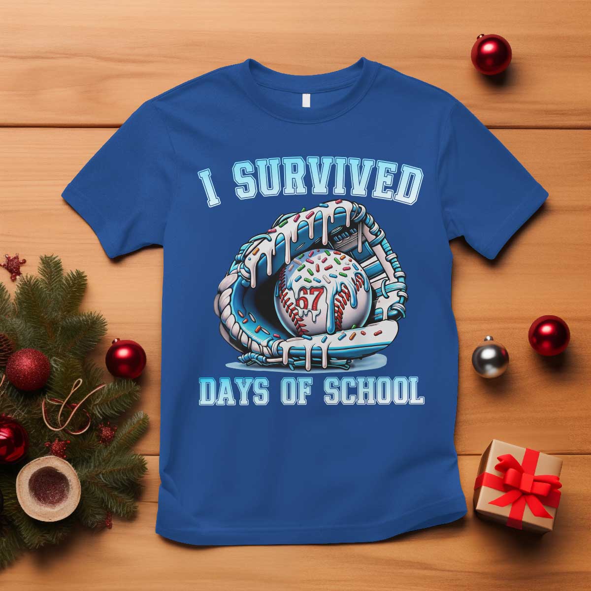 I Survived 67 Days Of School Baseball Glove Ice Cream T Shirt Funny Christmas Six Seven Meme TS14 Royal Blue Print Your Wear