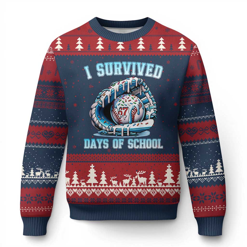 I Survived 67 Days Of School Baseball Glove Ice Cream Ugly Christmas Sweater Funny Xmas Six Seven Meme TS14 Navy Red Print Your Wear