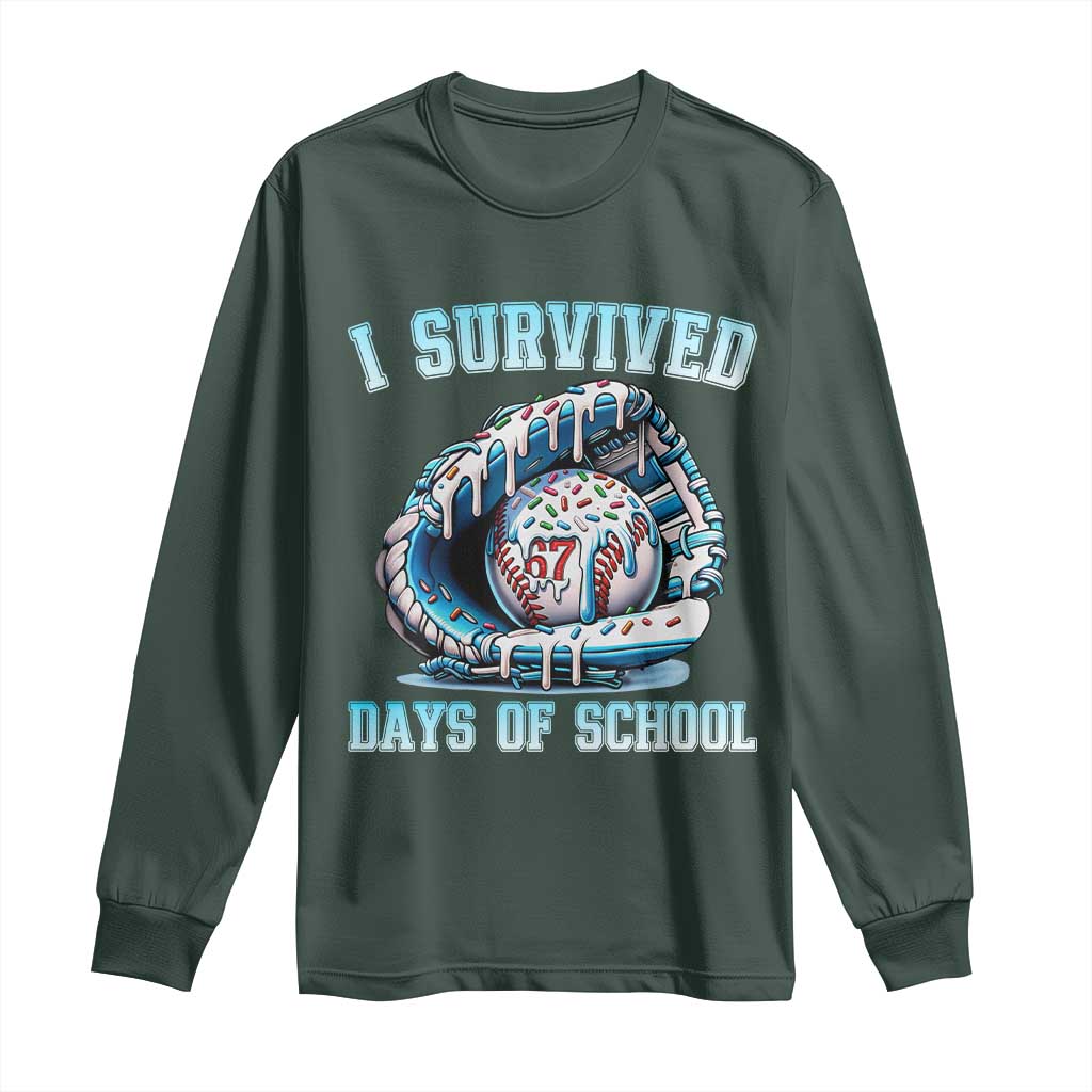 I Survived 67 Days Of School Baseball Glove Ice Cream Long Sleeve Shirt Funny Christmas Six Seven Meme TS14 Dark Forest Green Print Your Wear