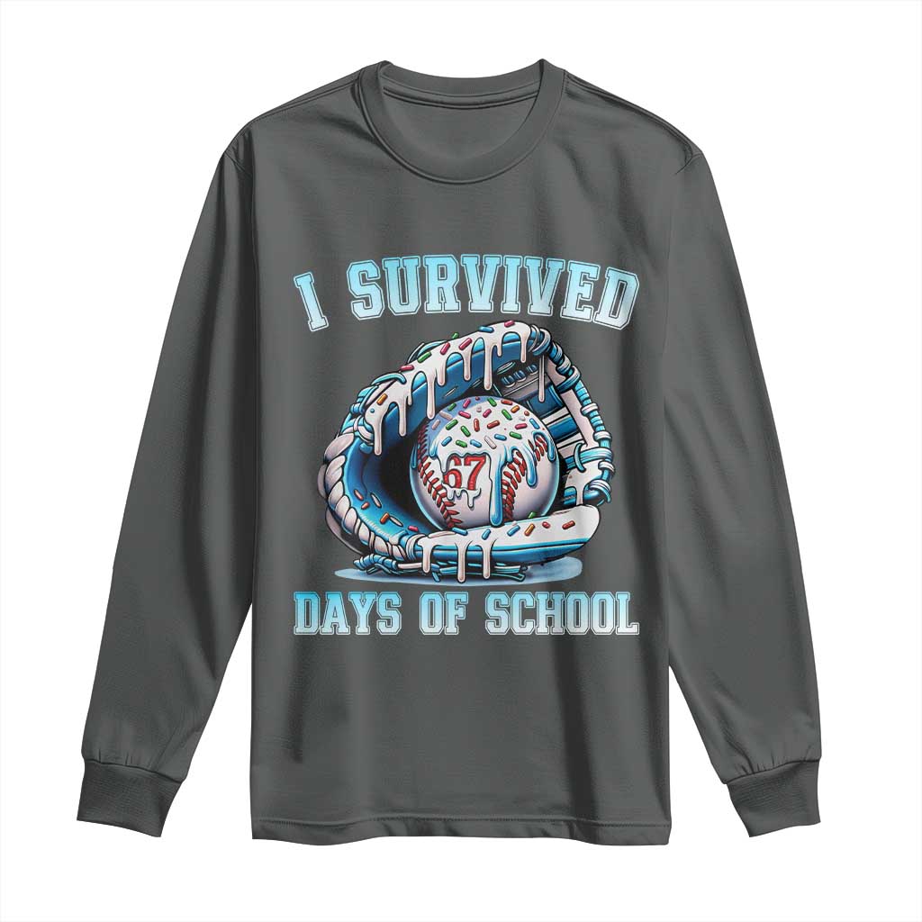 I Survived 67 Days Of School Baseball Glove Ice Cream Long Sleeve Shirt Funny Christmas Six Seven Meme TS14 Dark Heather Print Your Wear