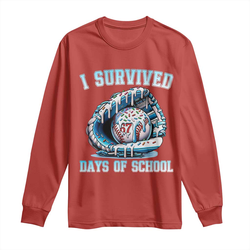 I Survived 67 Days Of School Baseball Glove Ice Cream Long Sleeve Shirt Funny Christmas Six Seven Meme TS14 Red Print Your Wear