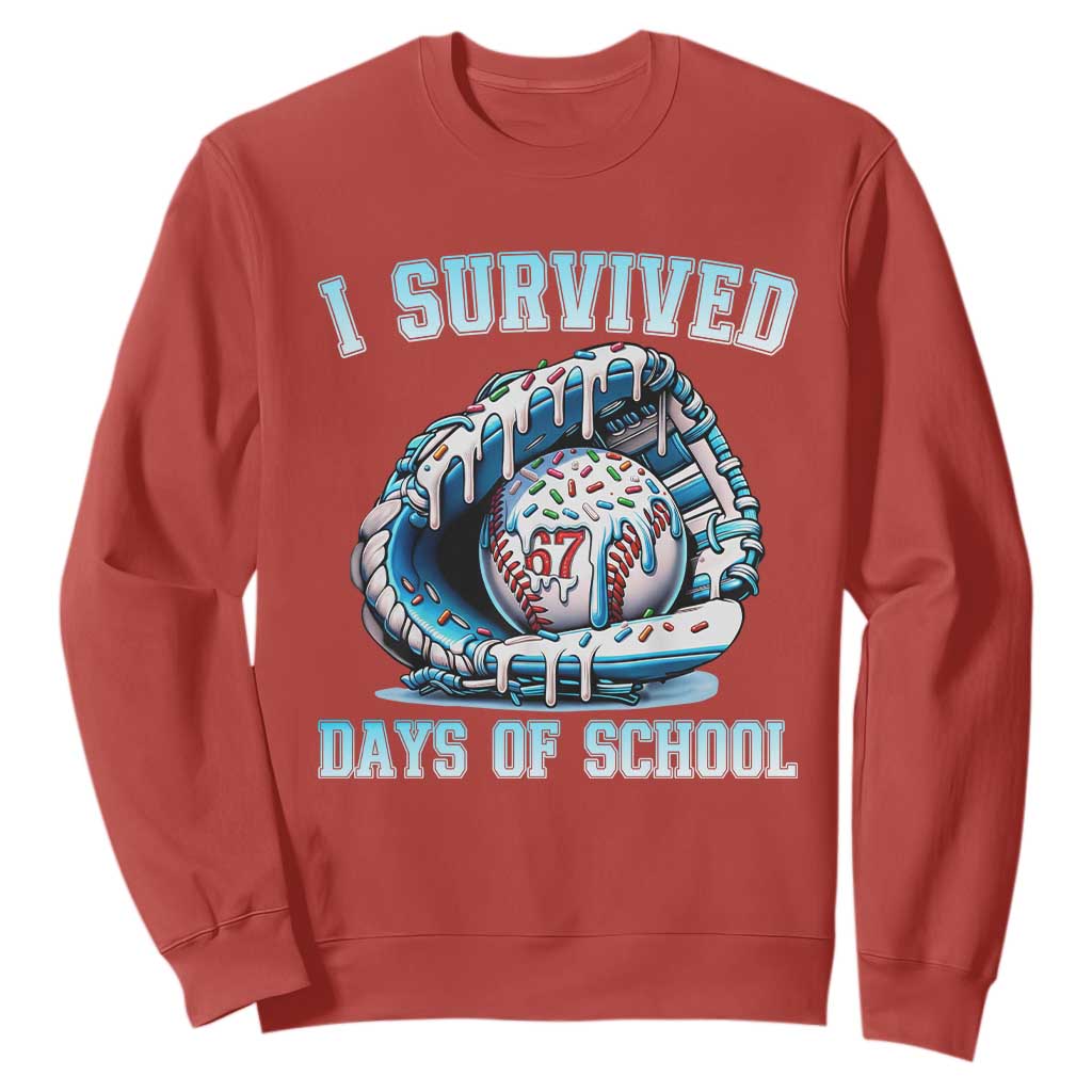 I Survived 67 Days Of School Baseball Glove Ice Cream Sweatshirt Funny Christmas Six Seven Meme TS14 Red Print Your Wear