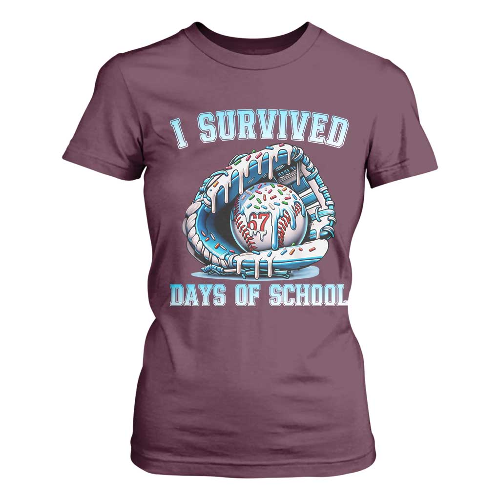I Survived 67 Days Of School Baseball Glove Ice Cream T Shirt For Women Funny Christmas Six Seven Meme TS14 Maroon Print Your Wear