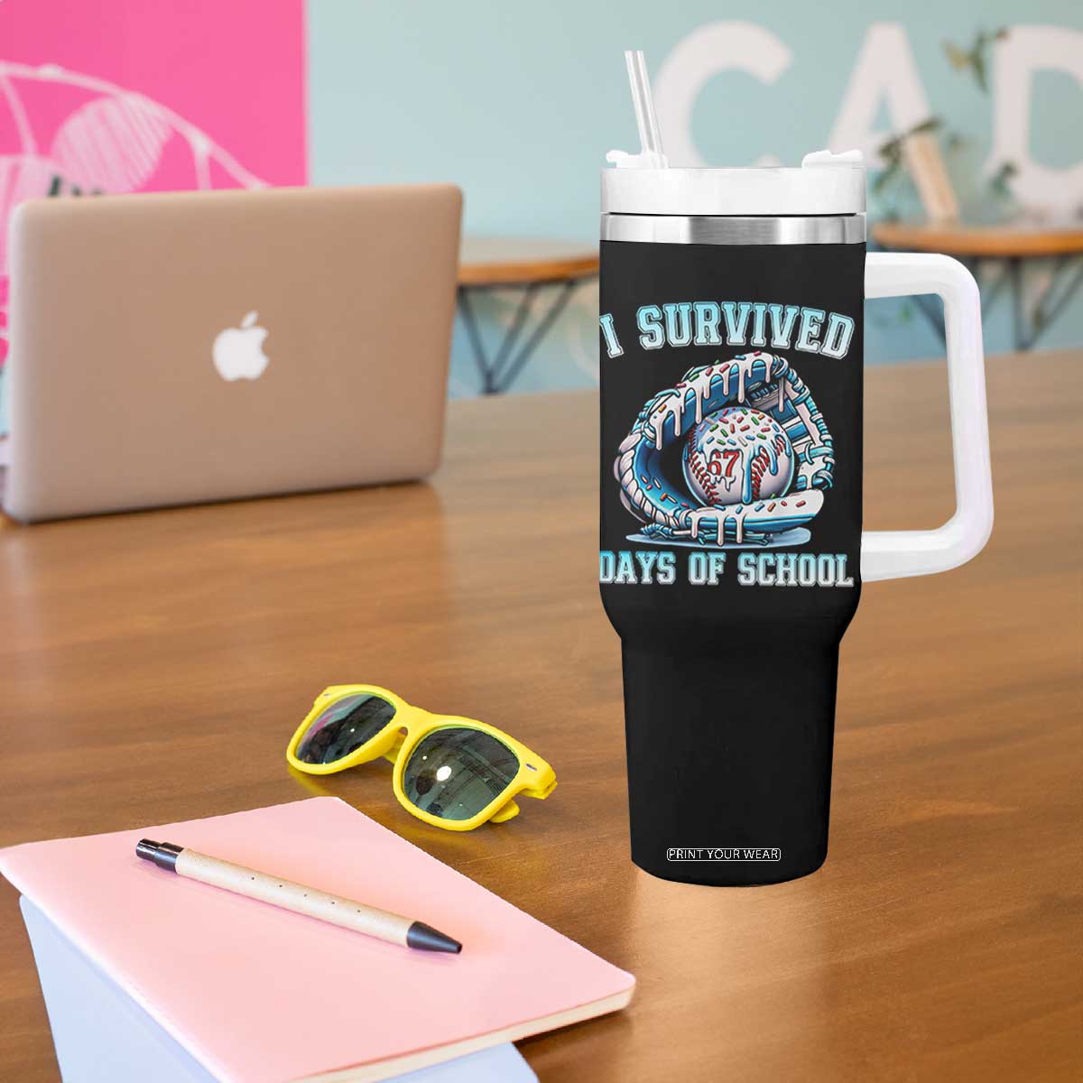 I Survived 67 Days Of School Baseball Glove Ice Cream Tumbler With Handle Funny Christmas Six Seven Meme - Print Your Wear