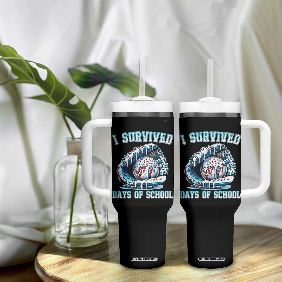 I Survived 67 Days Of School Baseball Glove Ice Cream Tumbler With Handle Funny Christmas Six Seven Meme - Print Your Wear