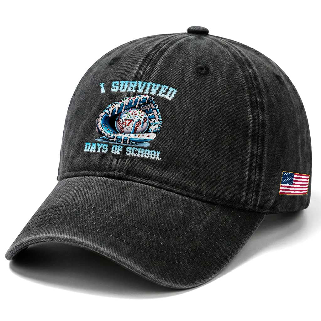 I Survived 67 Days Of School Baseball Glove Ice Cream Washed Cotton Baseball Cap Funny Christmas Six Seven Meme TS14 Print Your Wear