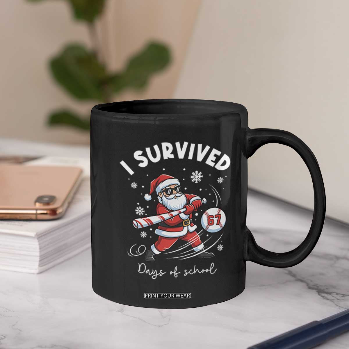 I Survived 67 Days Of School Baseball Santa Coffee Mug Funny Christmas Six Seven Meme - Print Your Wear