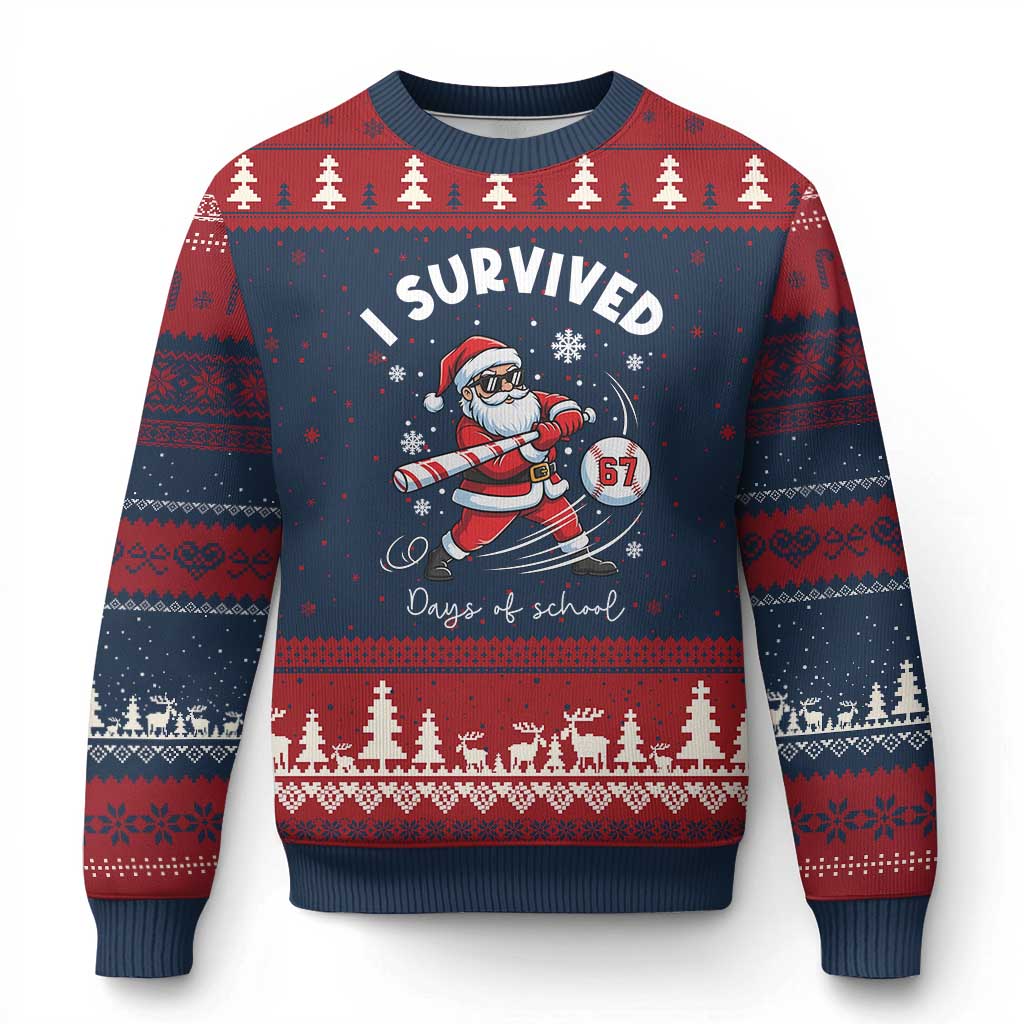 I Survived 67 Days Of School Baseball Santa Ugly Christmas Sweater Funny Xmas Six Seven Meme TS14 Navy Red Print Your Wear