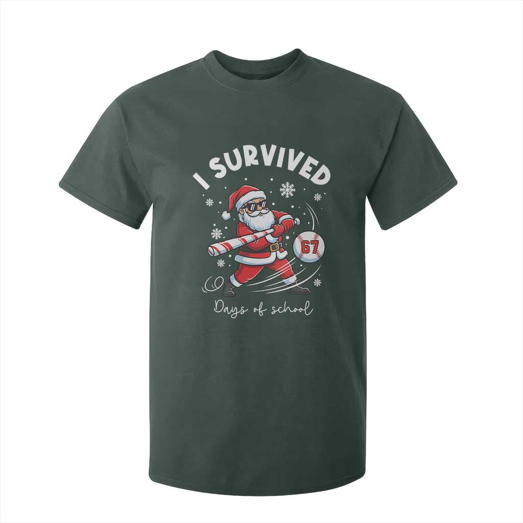 I Survived 67 Days Of School Baseball Santa T Shirt For Kid Funny Christmas Six Seven Meme TS14 Dark Forest Green Print Your Wear