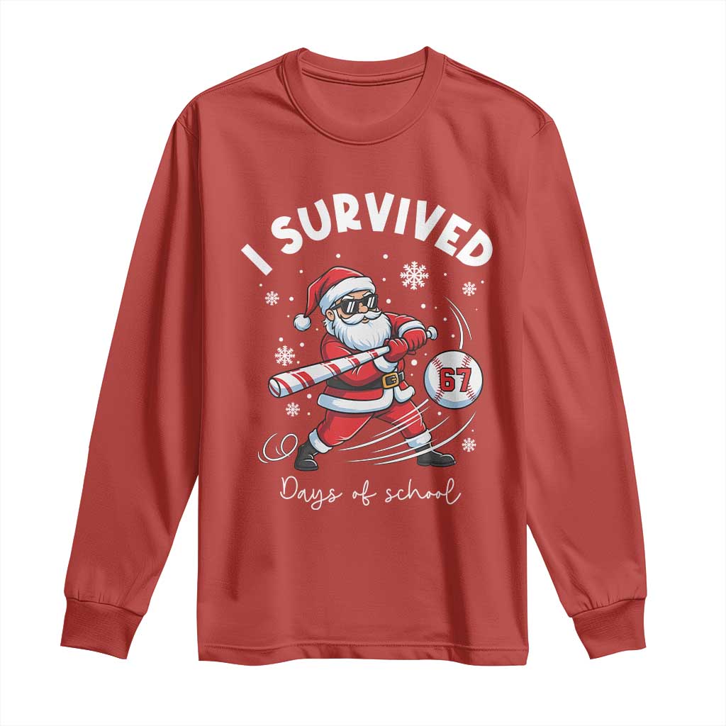 I Survived 67 Days Of School Baseball Santa Long Sleeve Shirt Funny Christmas Six Seven Meme TS14 Red Print Your Wear